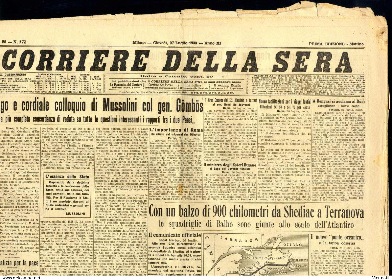 cover 1933, 13 giornali "Corriere della Sera" e un supplemento al "Il Secolo Illustrato", tutti con interessanti articol