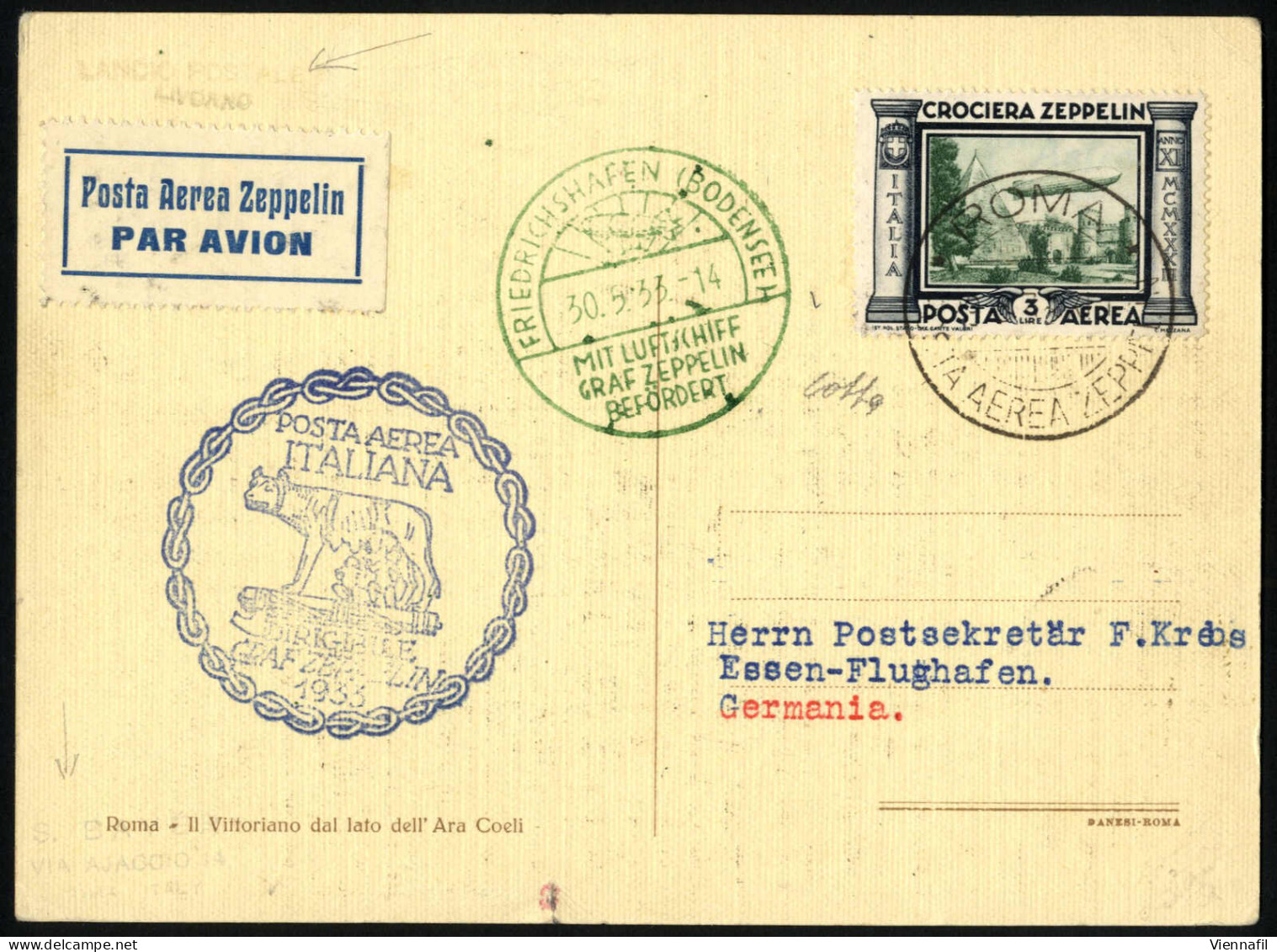 cover 1933, la serie "Zeppelin" su tre aerogrammi e tre cartoline del volo Zeppelin in Italia con affrancature complemen