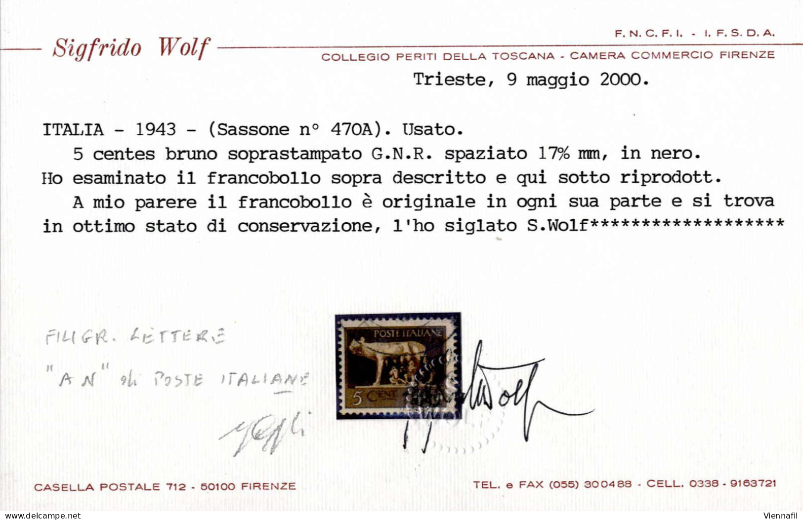 O 1943, 5 C. Bruno Fil. Lettere ("AN" Di "POSTE ITALIANE") Con La Soprastampa "G.N.R." Di Brescia Spaziata (17 1/2 Mm An - Altri & Non Classificati