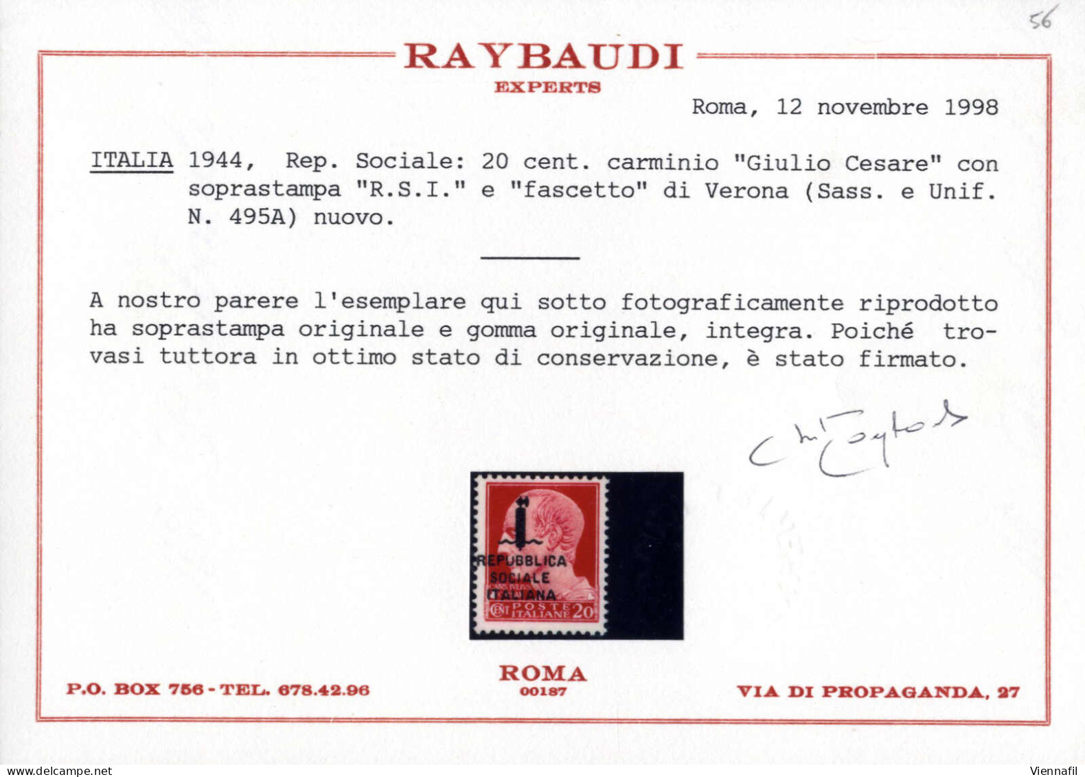 ** 1944, 20 C. Carminio "Giulio Cesare" Con Soprastampa "RSI" E Fascetto Di Verona, Nuovo Con Gomma Originale Integra, C - Other & Unclassified