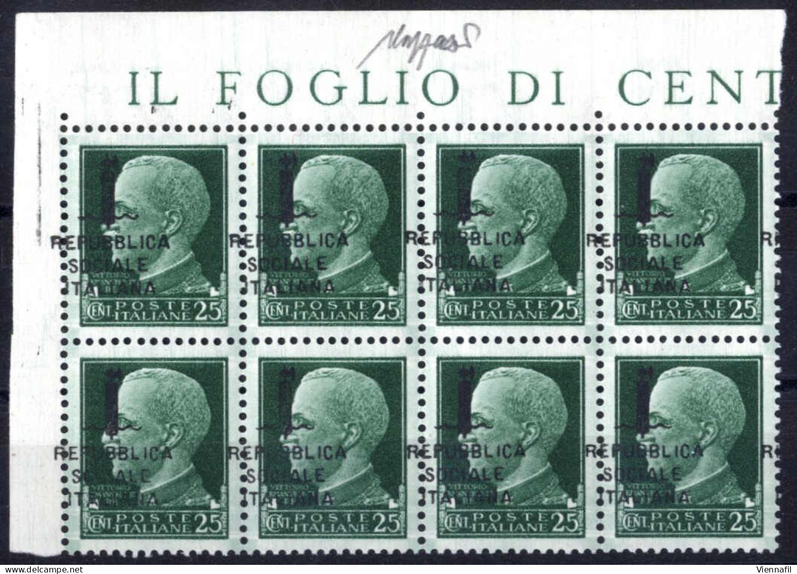 ** 1944, 20 C. Verde Blocco Di Otto, Angolo Di Foglio, Soprastampa Fortemente Spostata A Sinistra, Nuovo Con Gomma Origi - Altri & Non Classificati