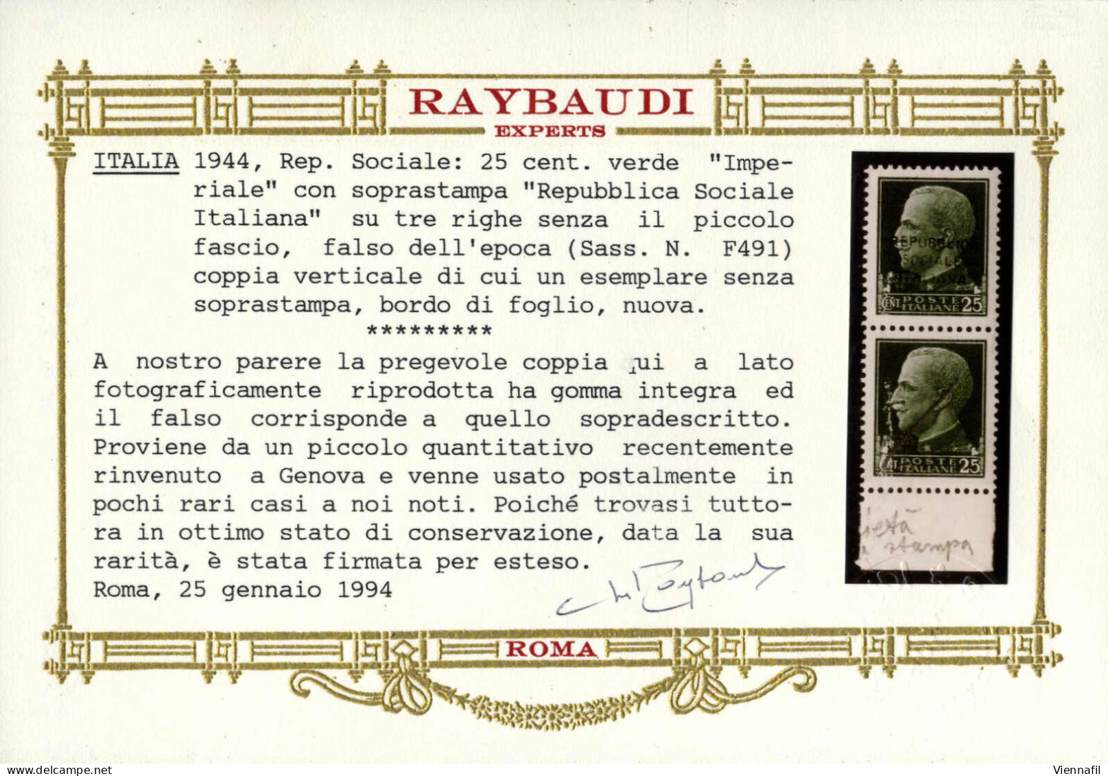 **/pair 1944, 25 C. Verde Con Soprastampa "Repubblica Sociale Italiana" Su Tre Righe Senza Il Fascetto, Falso Dell'epoca - Andere & Zonder Classificatie