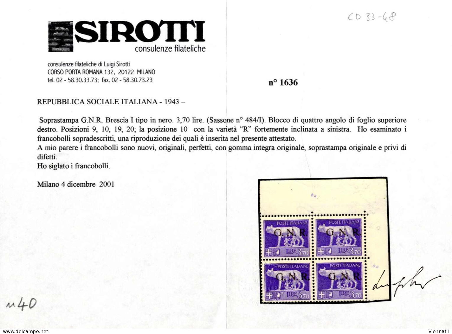 ** 1944, 3,70 L. Violetto In Coppia Verticale Angolo Di Foglio In Alto A Destra, Con Soprastampa "G.N.R." Di Brescia I T - Autres & Non Classés