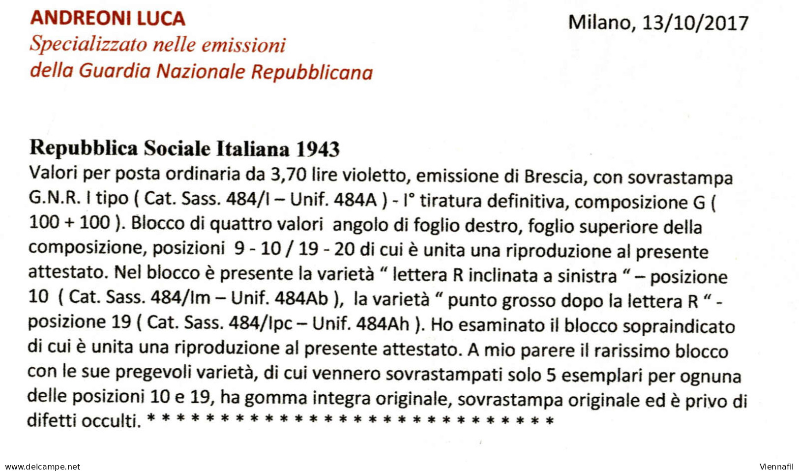 ** 1944, 3,70 L. Violetto In Coppia Verticale Angolo Di Foglio In Alto A Destra, Con Soprastampa "G.N.R." Di Brescia I T - Other & Unclassified