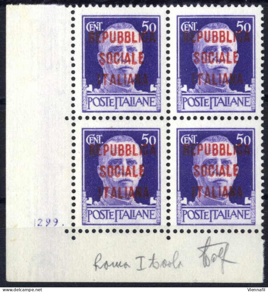 **/bof 1944, 50 C. Violetto Quartina Angolo Di Foglio, Soprastampa "RSI" In Bruno, Tiratura Di Roma, I Tavola; Nuova Con - Autres & Non Classés