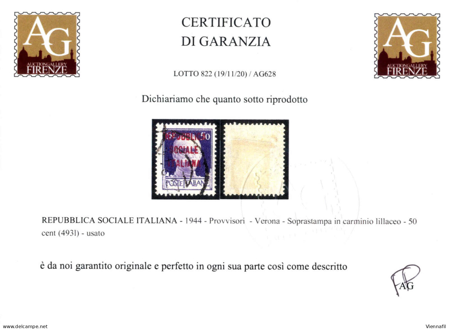 O 1944, 50 C. Violetto, Soprastampa Di Verona In Carminio Lillaceo, Usato, Cert AG (Sass. 493I, € 900) - Otros & Sin Clasificación