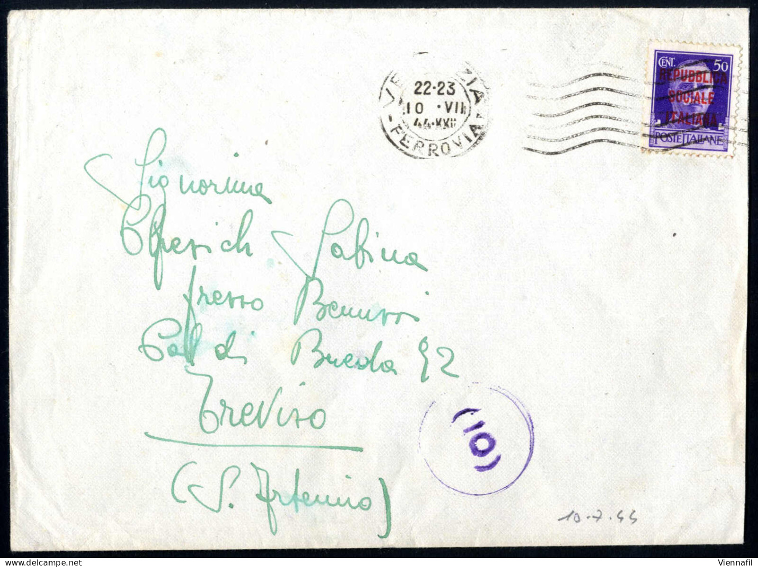 Cover 1944, Lettera Del 10.7.1944 Da Venezia A Treviso, Affrancata Con 50 C. Violetto Con Soprastampa "RSI" In Rosso Bru - Andere & Zonder Classificatie