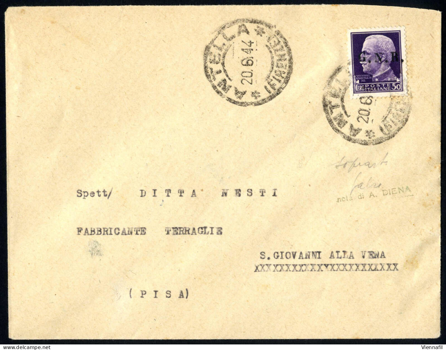 Cover 1944, Lettera Del 20.6.1944 Da Antella (Firenze) A S. Giovanni Alla Vena (Pisa), Affrancato Con Imperiale 50 C. Vi - Altri & Non Classificati