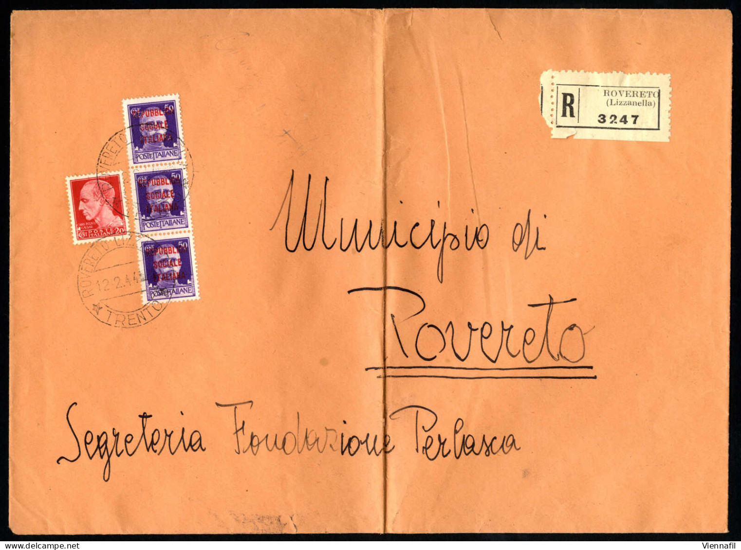 Cover 1944, Plico Raccomandato Del 12.2.1944 Da Rovereto (Lizzanella) Al Municipio Di Rovereto, Affrancato Con Una Stris - Autres & Non Classés