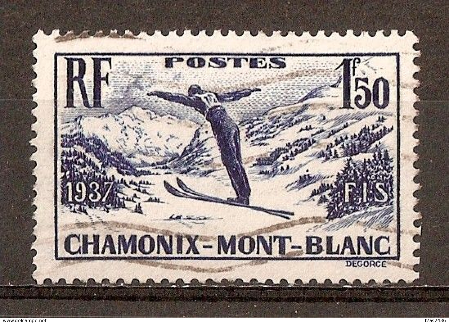 1937 - Championnats Internationaux De Ski, à Chamonix 1f.50 Bleu-violet N°334 - Usati