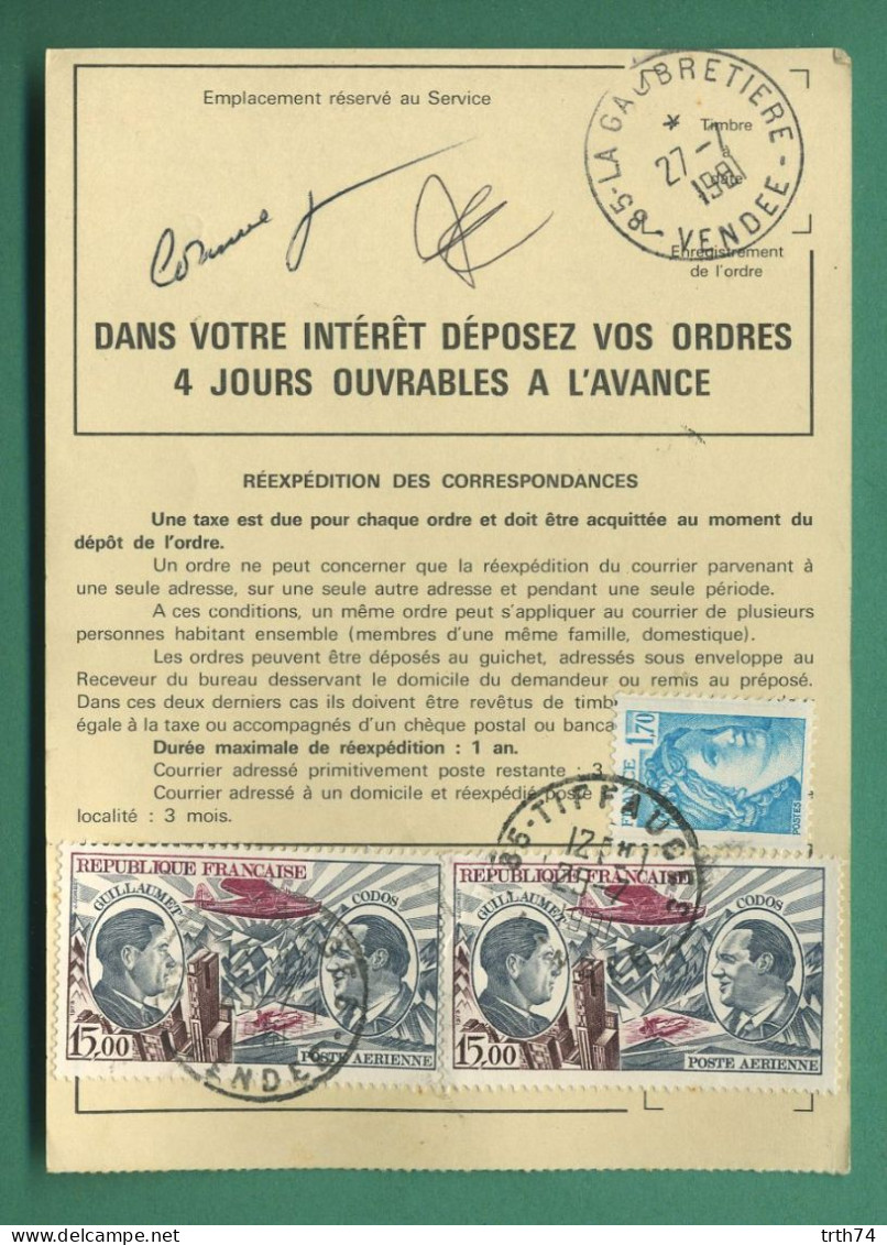 Poste Aérienne 15,00 Frs Sabine 1,70 Frs Sur Ordre De Réexpédition Temporaire Cachet De La Poste 85 La Gaubretiere 1981 - 1961-....