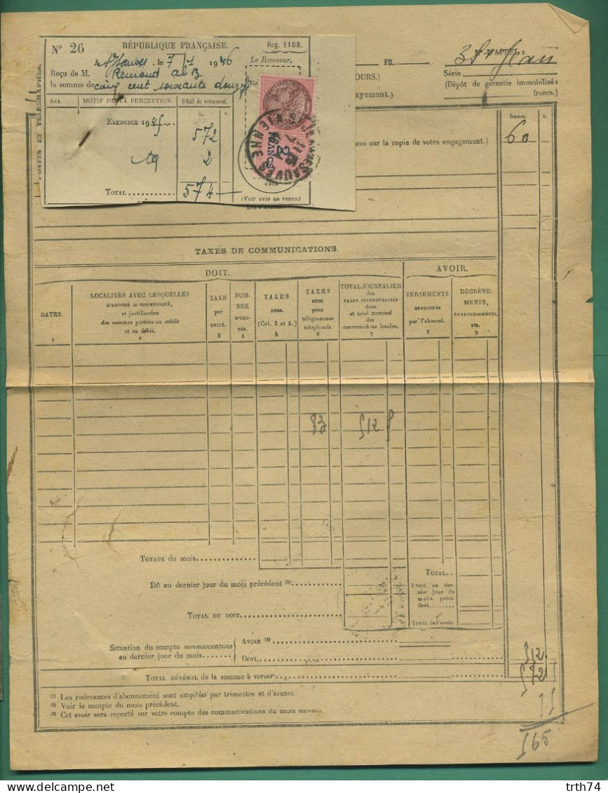 Timbre Fiscal 2 Frs Cachet De La Poste Saint Jean De Sauves 7 01 1946 Redevances Et Taxe Téléphonique - Bolli Manuali