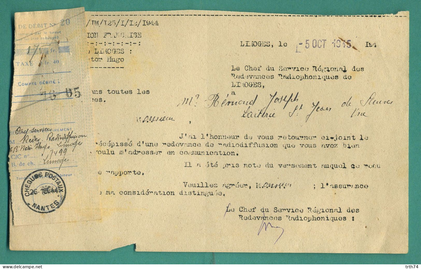 87 Limoges Radiodiffusion Française 6 Bd Victor Hugo 5 Octobre 1945 - Sonstige & Ohne Zuordnung