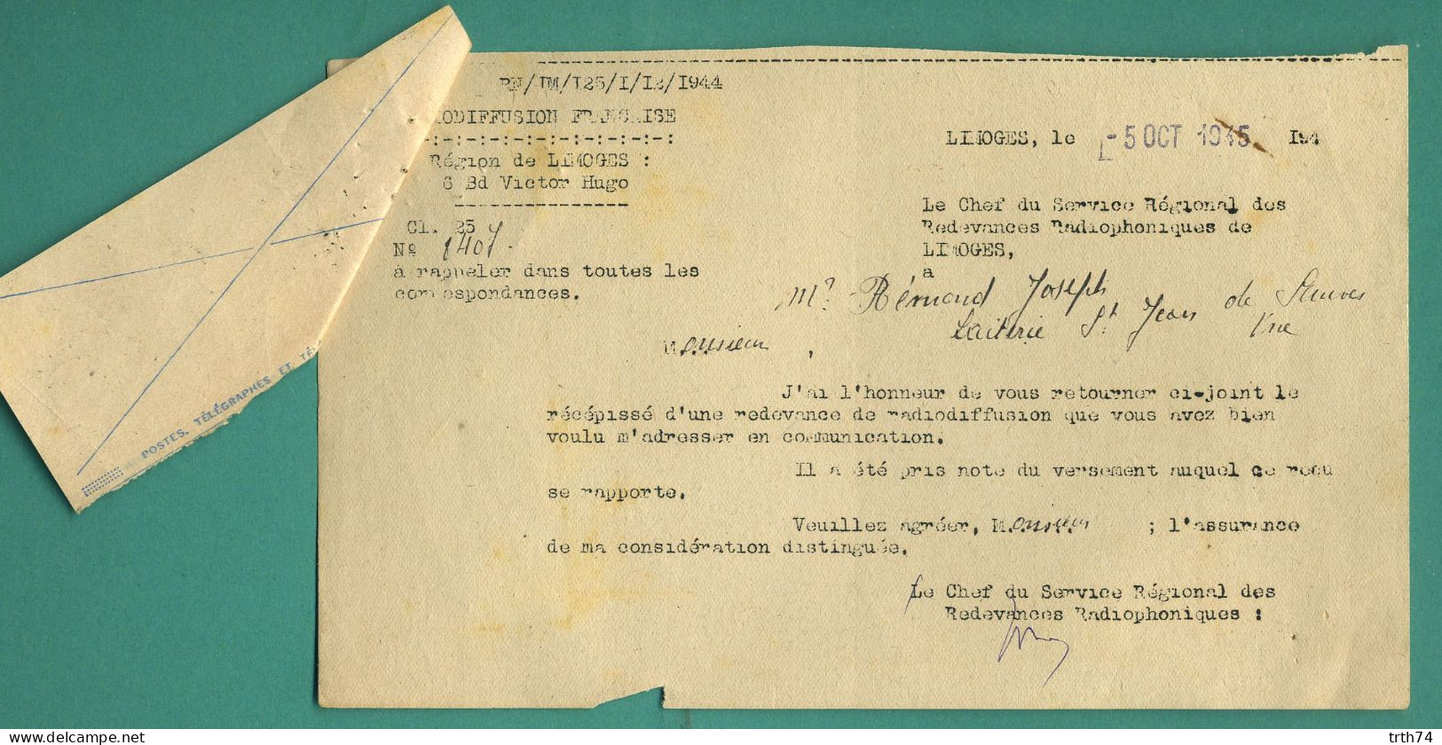 87 Limoges Radiodiffusion Française 6 Bd Victor Hugo 5 Octobre 1945 - Altri & Non Classificati