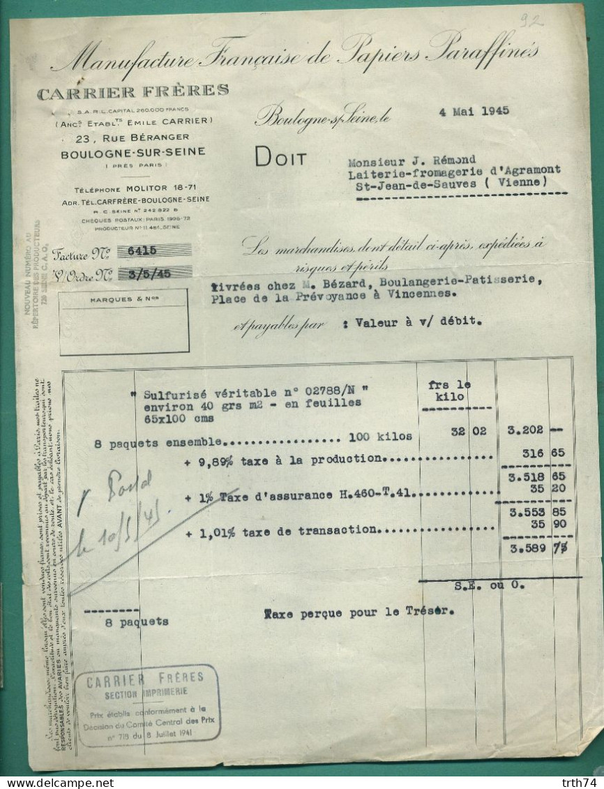 92 Boulogne Sur Mer Carrier Fréres Manufacture De Papiers Paraffinés 4 Mai 1945 - Drukkerij & Papieren