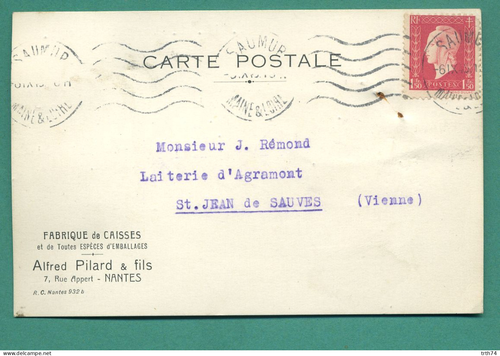 1,50 Frs Marianne De Dulac Oblitération Saumur 6 9 1945 Carte Fabrique Alfred Pilard 44 Nantes - Guerra Del 1939-45