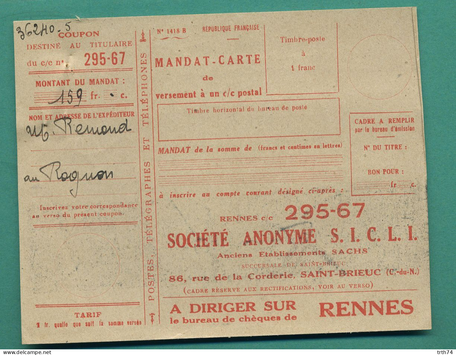 22 Saint Brieuc Rue De La Corderie SICLI Succursale Ets Sachs Mandat Carte Rennes - Oorlog 1939-45
