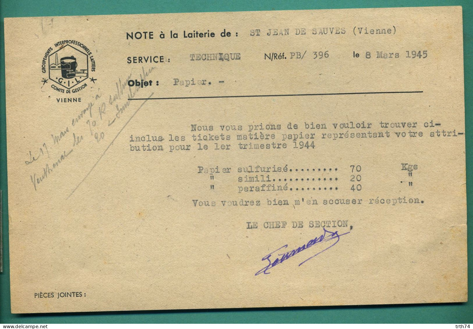 86 Saint Jean De Sauves Groupements Interprofessionnels Laitiers Note à La Laiterie 8 Mars 1945 - Alimentare