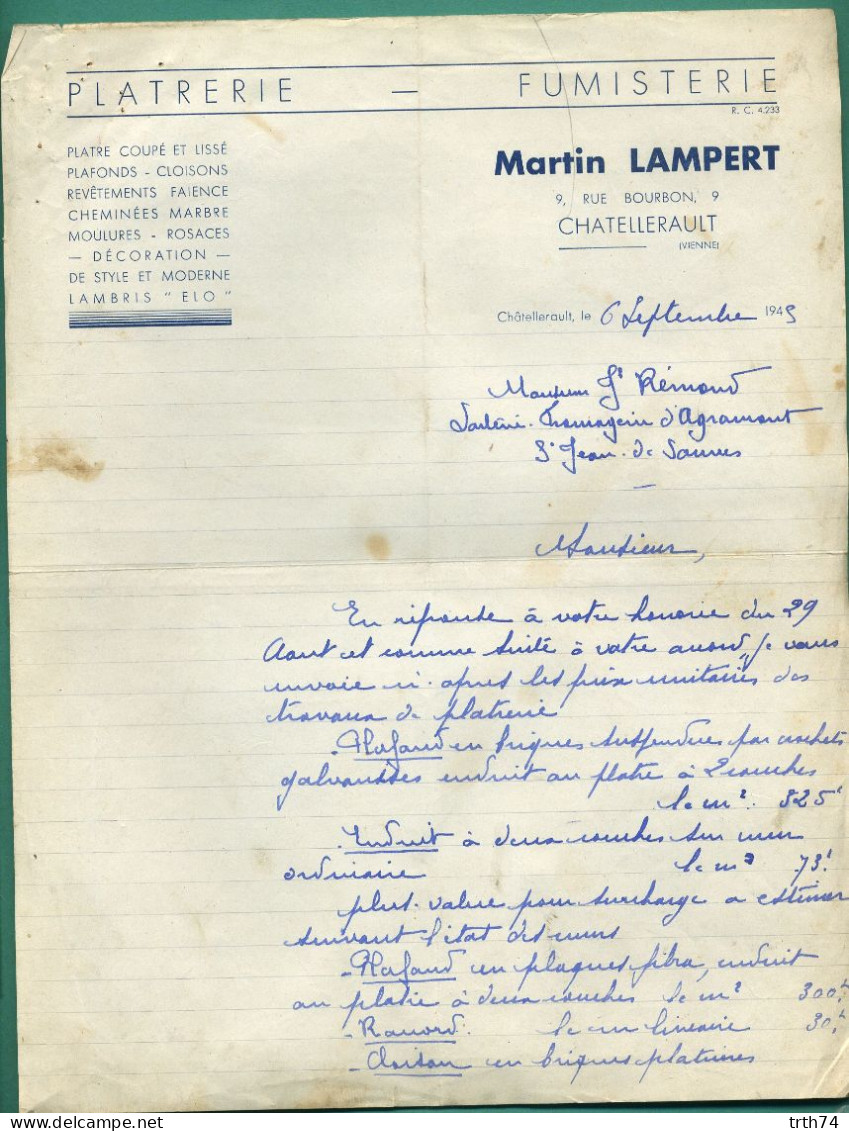 86 Chatellerault Lampert Martin Plâtrerie Fumisterie Plâtre, Faïence, Cheminées Marbre 6 Septembre 1945 - Alimentare