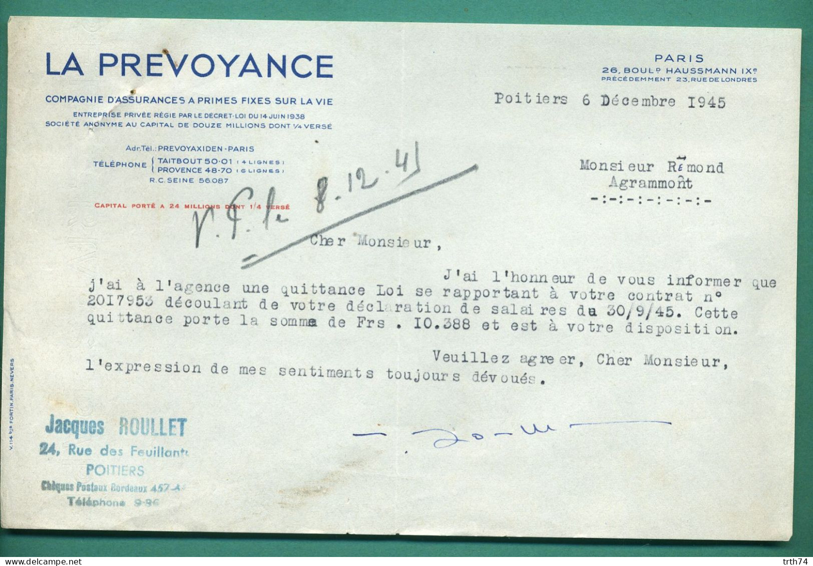 86 Poitiers La Prévoyance Jacques Roullet 6 Décembre 1945 - Bank En Verzekering