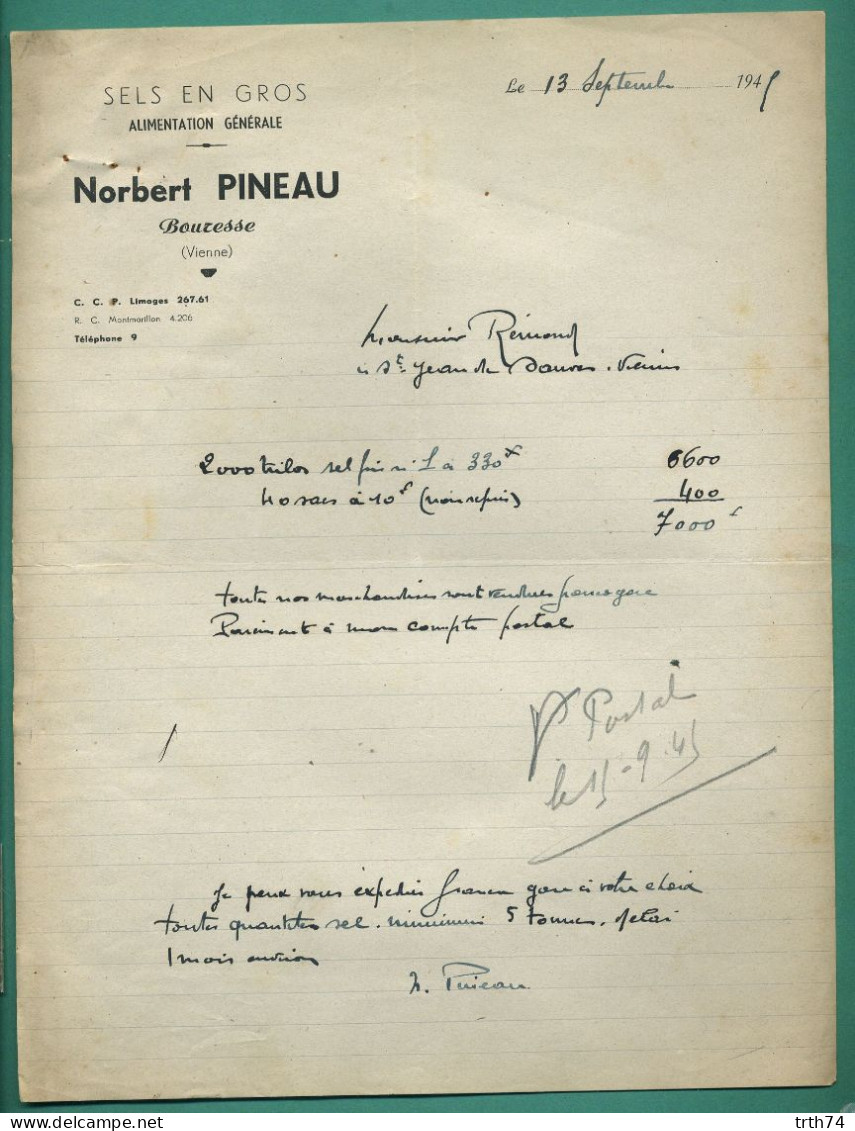 86 Bouresse Pineau Norbert Sels En Gros Alimentation Générale 13 Septembre 1945 - Alimentare
