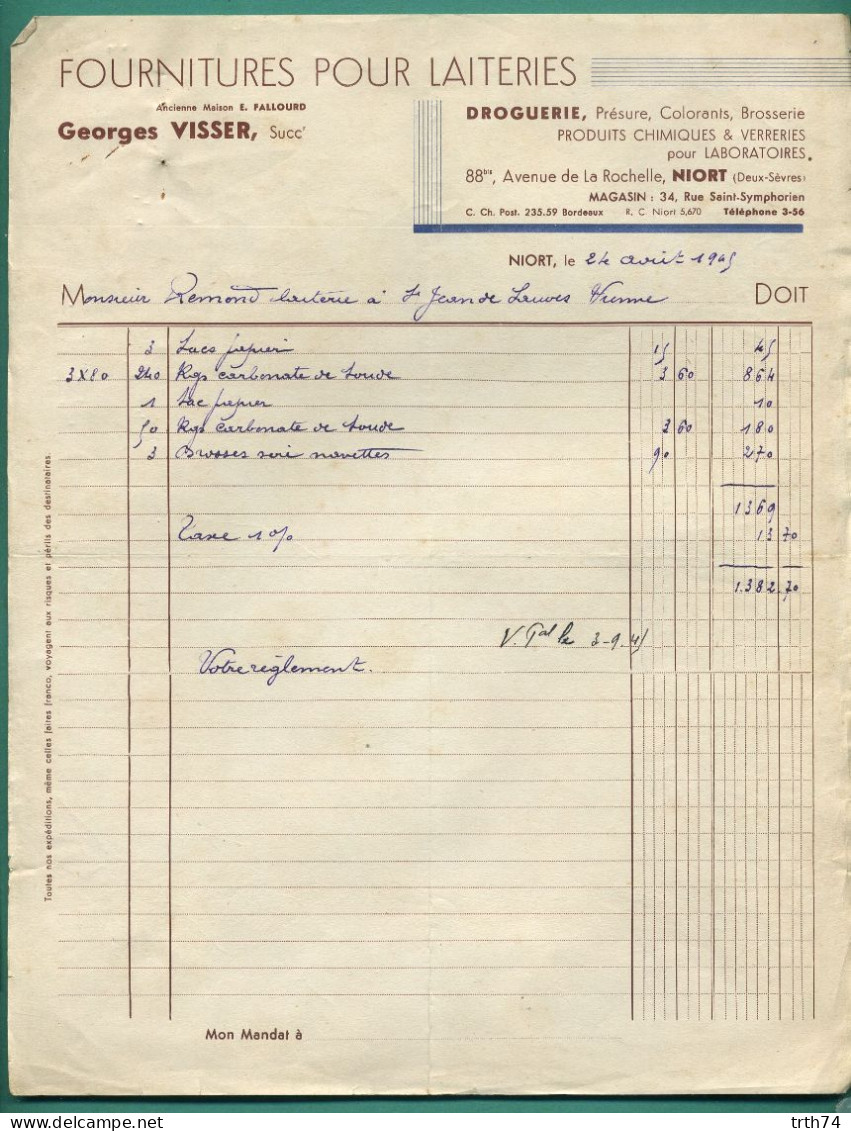 79 Niort Visser Georges Fourniture Pour Laiteries Droguerie, Présure Colorants 24 Avril 1945 - Alimentare