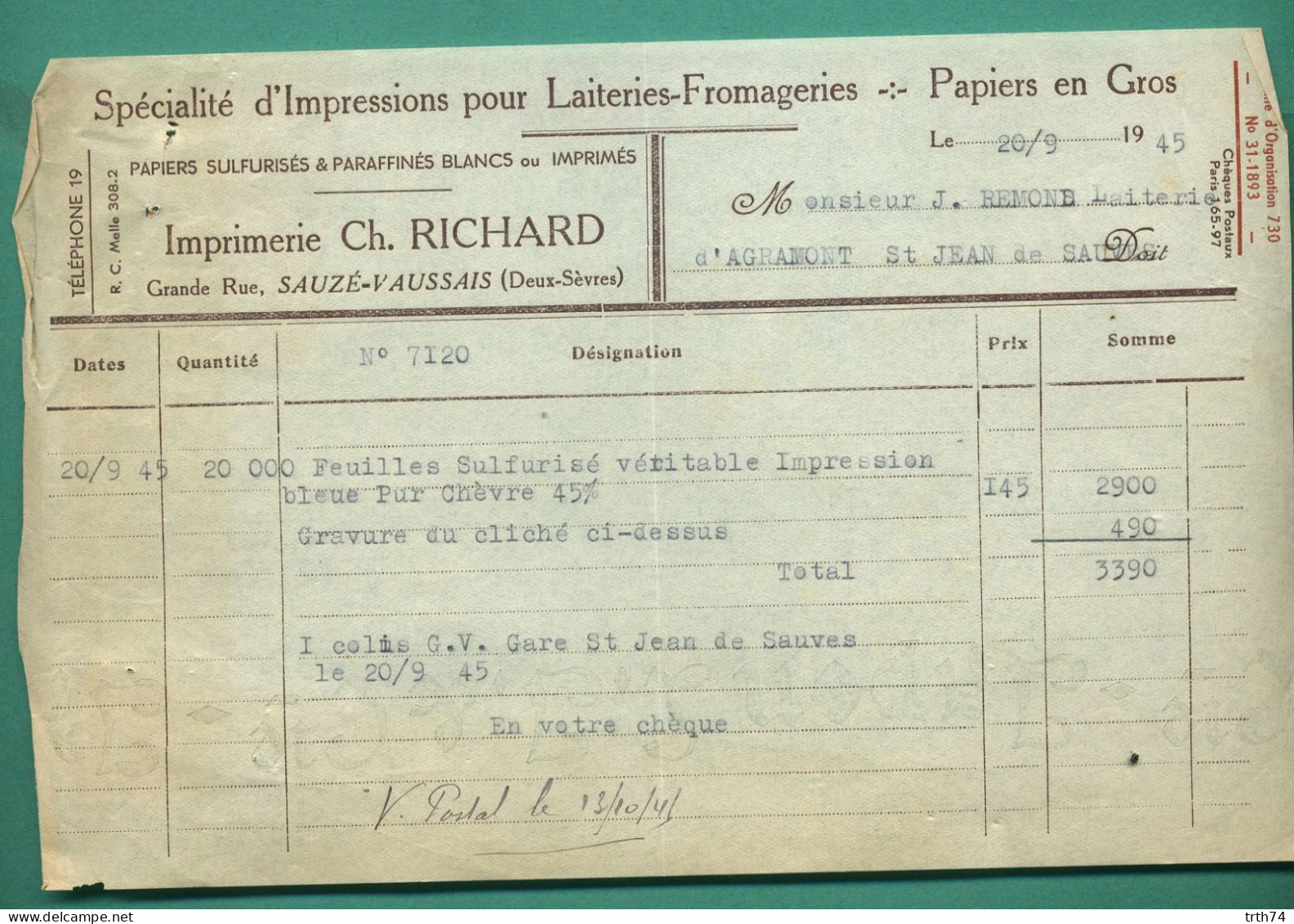 79 Sauzé Vaussais Richard Papiers Sulfurisés Et Paraffinés Pour Laiteries Et Fromageries 20 09 1945 - Alimentos