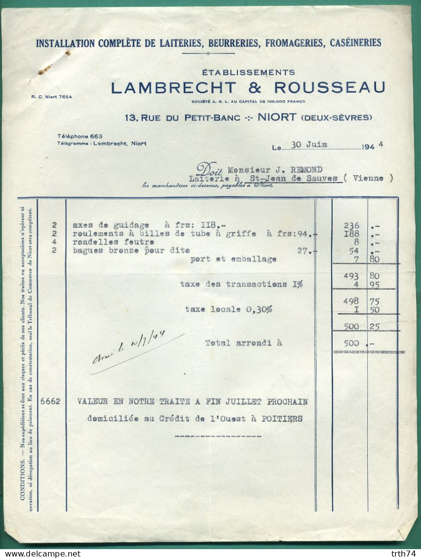 79 Niort Lambrecht Rousseau Installation De Laiterie, Fromageries, Caséineries 30 Juin 1944 - Alimentare