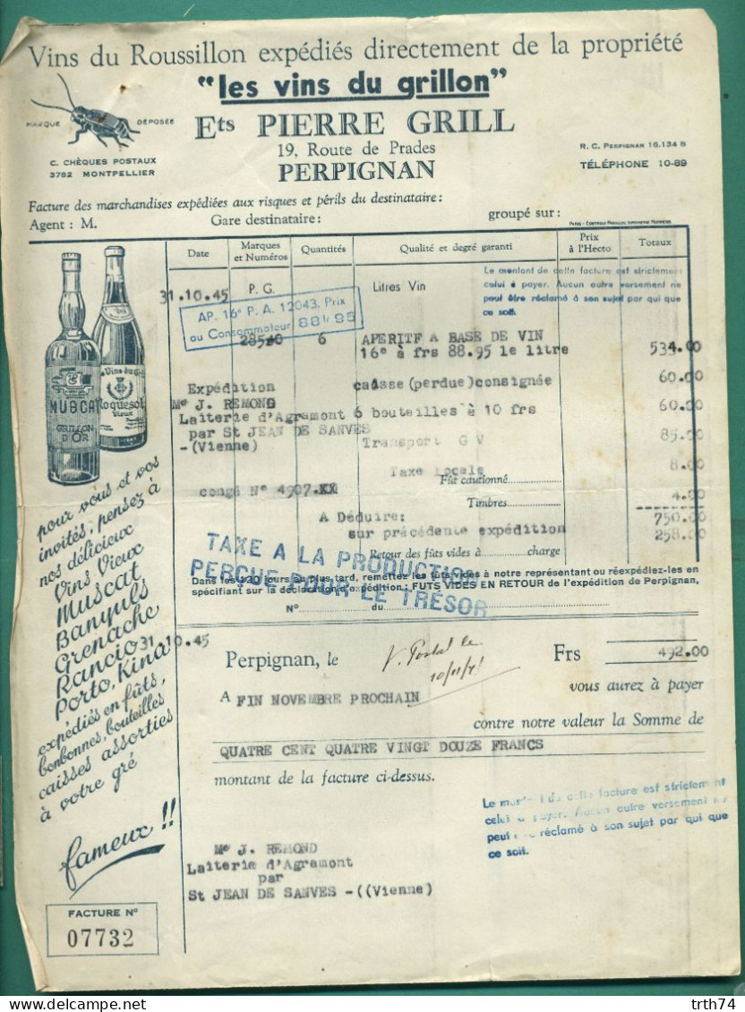 66 Perpignan Pierre Grill Vins Du Grillon Du Roussillon Banyuls Muscat Porto Grenache 31 Octobre 1945 - Levensmiddelen