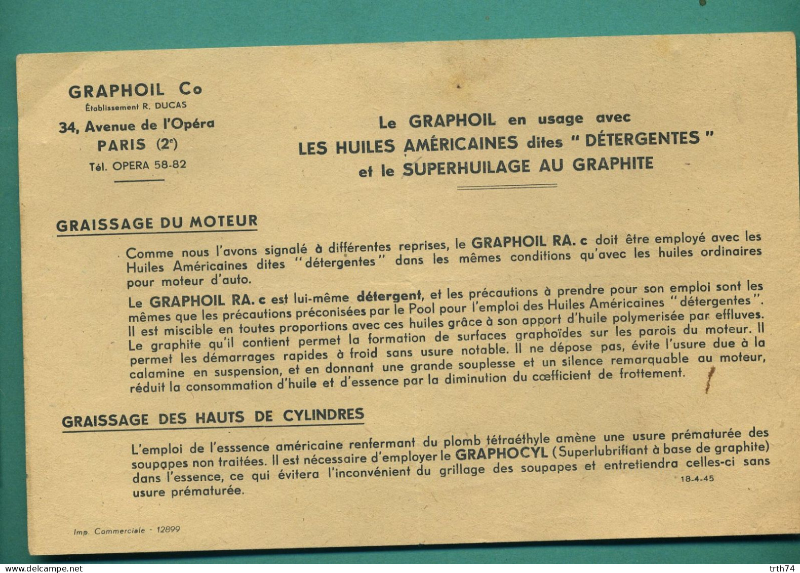 75 Paris Graphoil Avenue De L' Opera Huile Américaine 18 Avril 1945 - Automobile