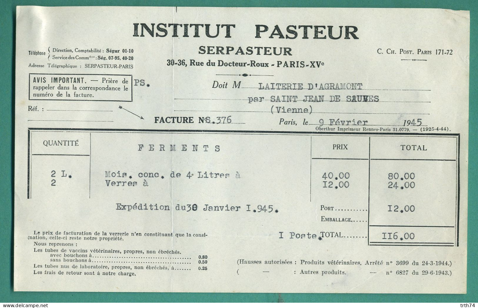 75 Paris Institut Pasteur Serpasteur 9 Février 1945 - Alimentos