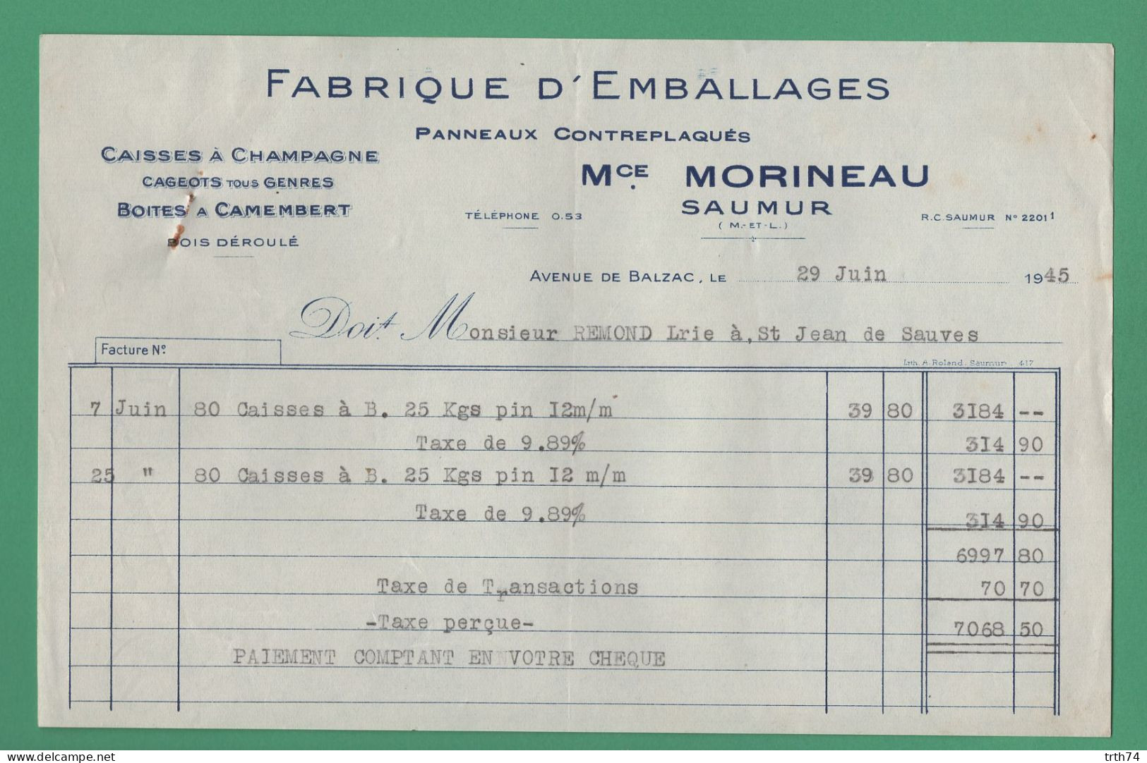 49 Saumur Morineau Fabrique Emballage Caisse à Champagne Boite à Fromage Camembert Contreplaqué Bois Déroulé 29 06 1945 - Lebensmittel