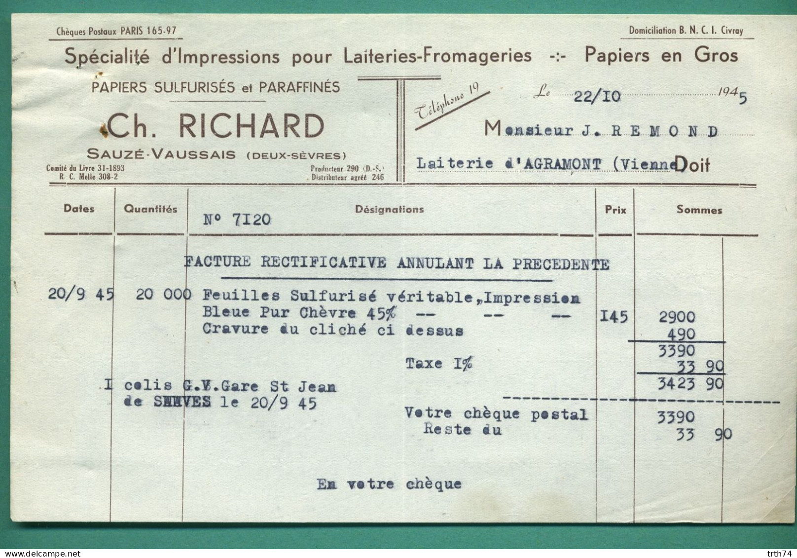 79 Sauzé Vaussais Richard Papiers Sulfurisés Et Paraffinés Pour Laiteries Et Fromageries 22 10 1945 - Alimentaire
