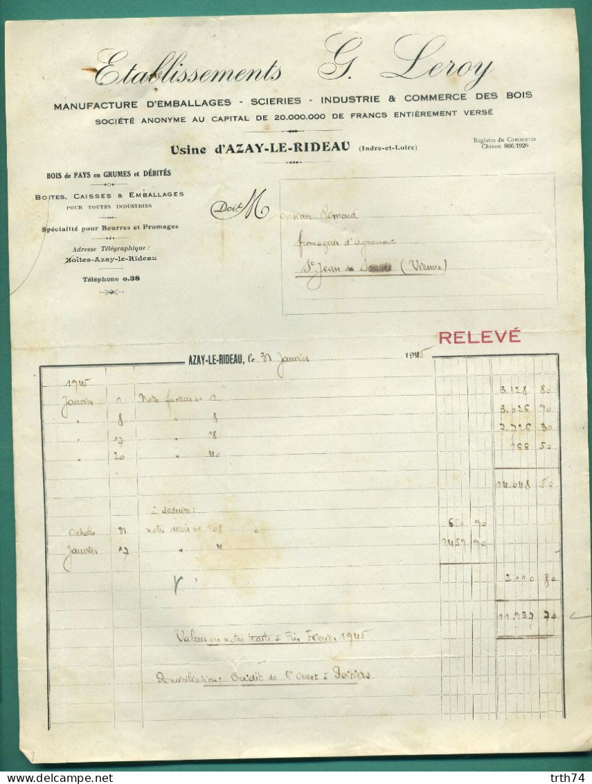 37 Azay Le Rideau G Leroy Commerce Du Bois Scieries Spécialité Pour Beurre Et Fromage 31 Janvier 1945 - Petits Métiers