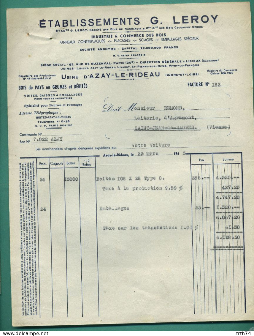 37 Azay Le Rideau G Leroy Commerce Du Bois Spécialité Pour Beurre Et Fromage 23 Mars 1945 - Old Professions