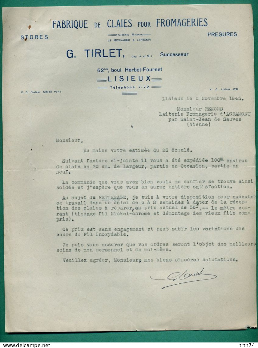 14 Lisieux G Tirlet Fabrique De Claies Pour Fromagerie 5 Novembre 1945 - Drogisterij & Parfum