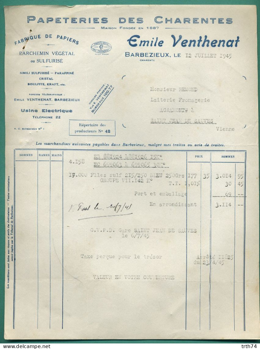 16 Barbezieux Émile Venthenat Papeterie Des Charentes Kraft, Parchemin Végétal, Paraffiné, Cristal 12 07 1945 - Imprimerie & Papeterie