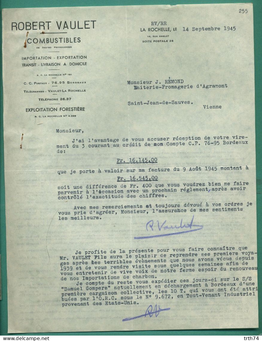 17 La Rochelle Robert Vaulet Combustible Exploitation Forestière 14 Septembre 1945 (texte Au Sujet De La Fin De Guerre - Old Professions