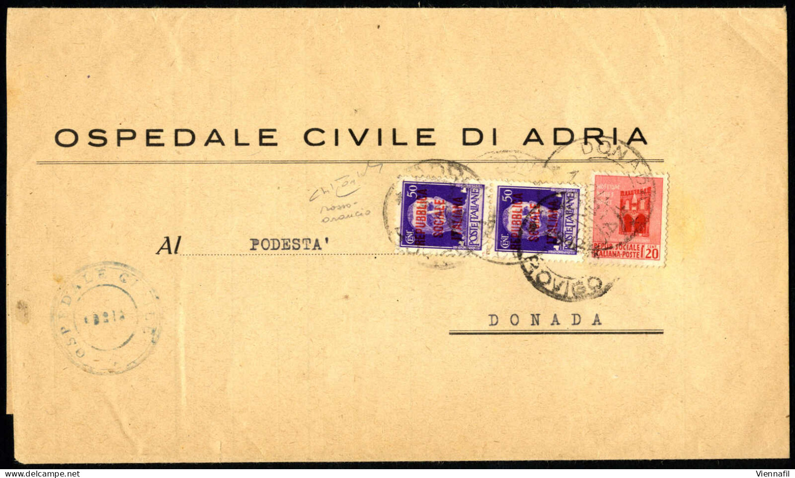 Cover 1944, Stampato Del ..1.1944 Da Adria A Donada, Affrancata Con 50 C. Violetto Coppia Verticale Con Soprastampa "RSI - Sonstige & Ohne Zuordnung