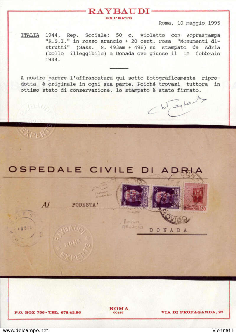 Cover 1944, Stampato Del ..1.1944 Da Adria A Donada, Affrancata Con 50 C. Violetto Coppia Verticale Con Soprastampa "RSI - Andere & Zonder Classificatie