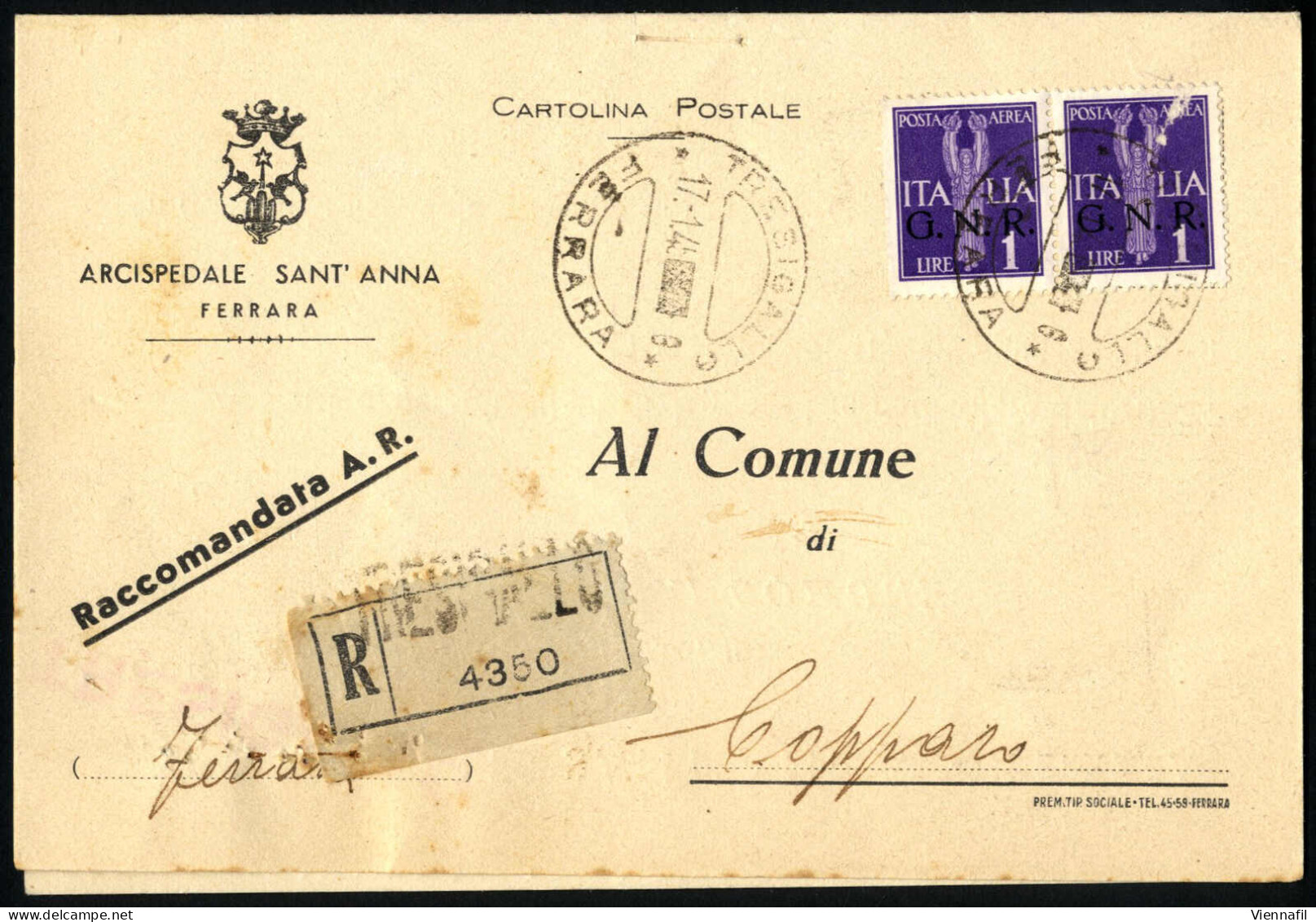 Cover 1944/45, 4 Cartoline Dal 13.5.1944 Al 21.4.1945 (due Raccomandate Con Risposta) Affrancate Con Valori G.N.R., Sass - Other & Unclassified