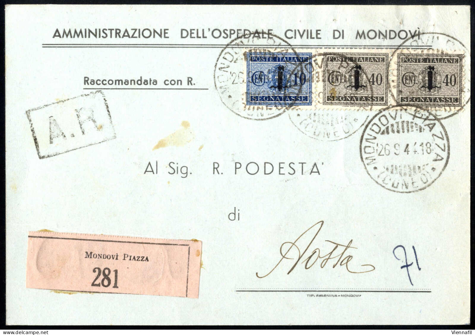 Cover 1944, Cartolina Raccomandata Con Risposta Da Mondovi Il 26.9 Per Aosta Afrrancata Con 10 C. E Coppia 40 C. Segnata - Otros & Sin Clasificación