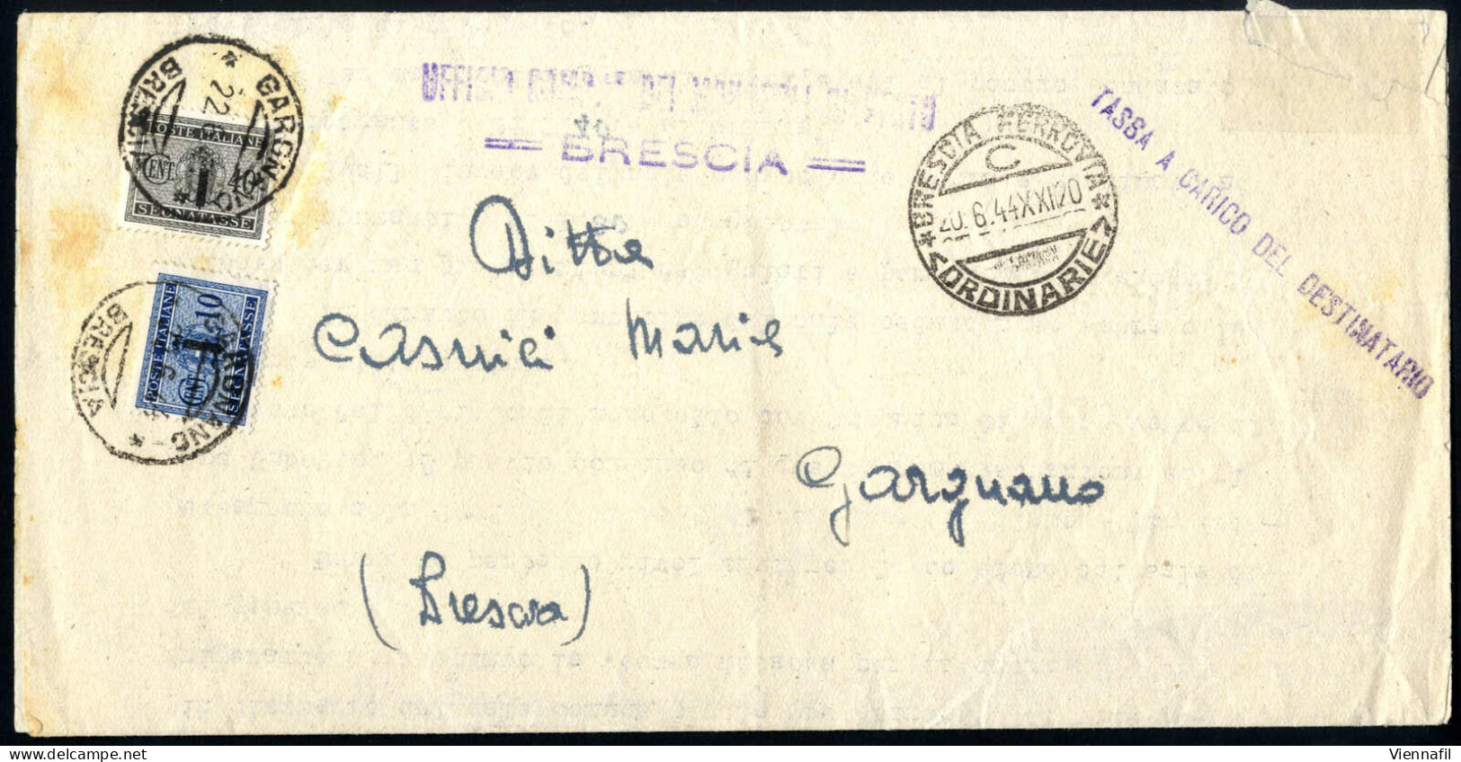 Cover 1944, Lettera Tassa A Carico Da Brescia Il 20.6 Per Gargnano Afrrancata Con 10 C. E 40 C. Segnatasse, Sass. P61,65 - Otros & Sin Clasificación