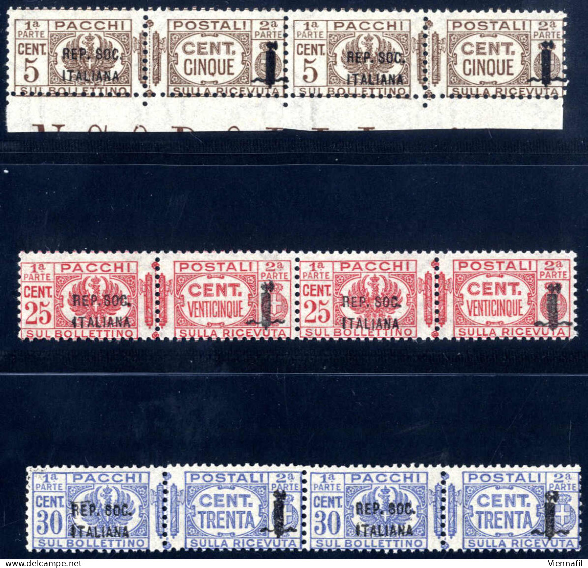 ** 1944, Pacchi Postali 5 C. Bruno, 25 C. Carminio E 30 C. Oltremare Coppie Orizzontali Con La Soprastampa "RSI" E Fasce - Andere & Zonder Classificatie