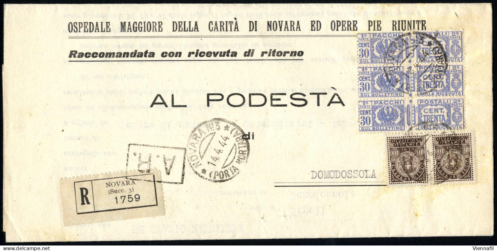 Cover 1944, Tre Lettere (due Raccomandate) Con Affrancature Miste Con "Pacchi Postali" Tollerate Per Posta Ordinaria In  - Other & Unclassified