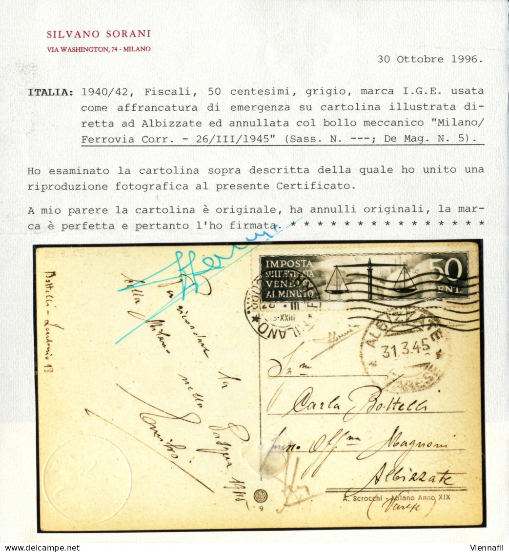Cover 1945, Cartolina Illustrata Del 26.3.1945 Da Milano Ad Albizzate, Affrancata Con IGE 50 C. Grigio "Imposta Sull'ent - Autres & Non Classés