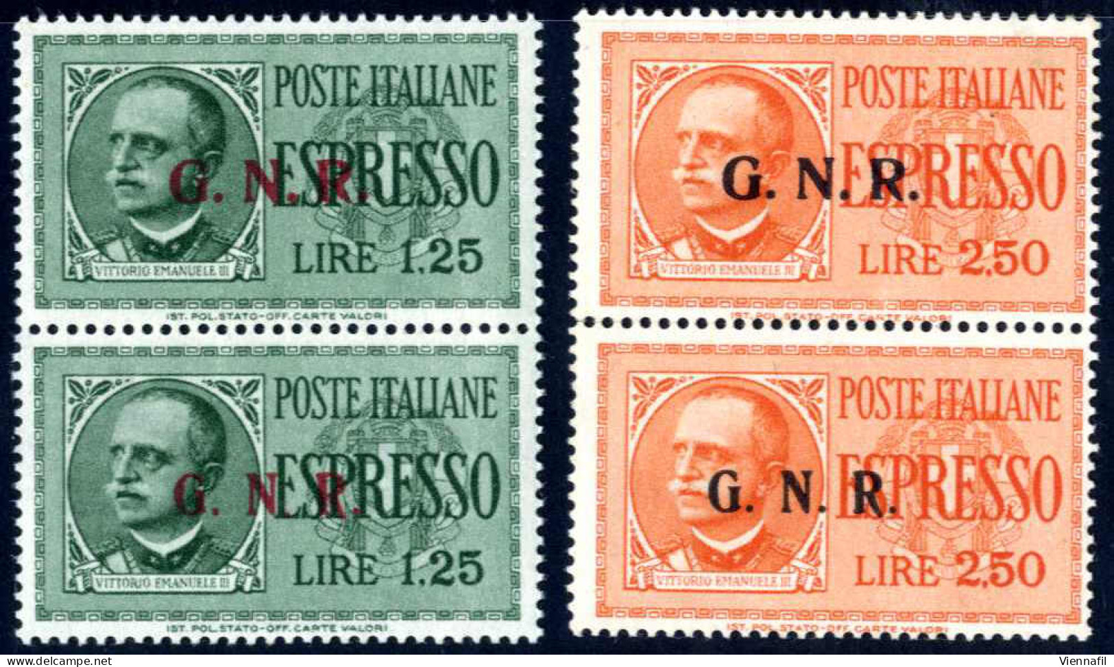 **/* 1943-44, Espresso 1,25 L Verde E 2,50 L. Arancio, Due Coppie Verticali Con La Soprastampa "G.N.R." Di Brescia Del I - Autres & Non Classés