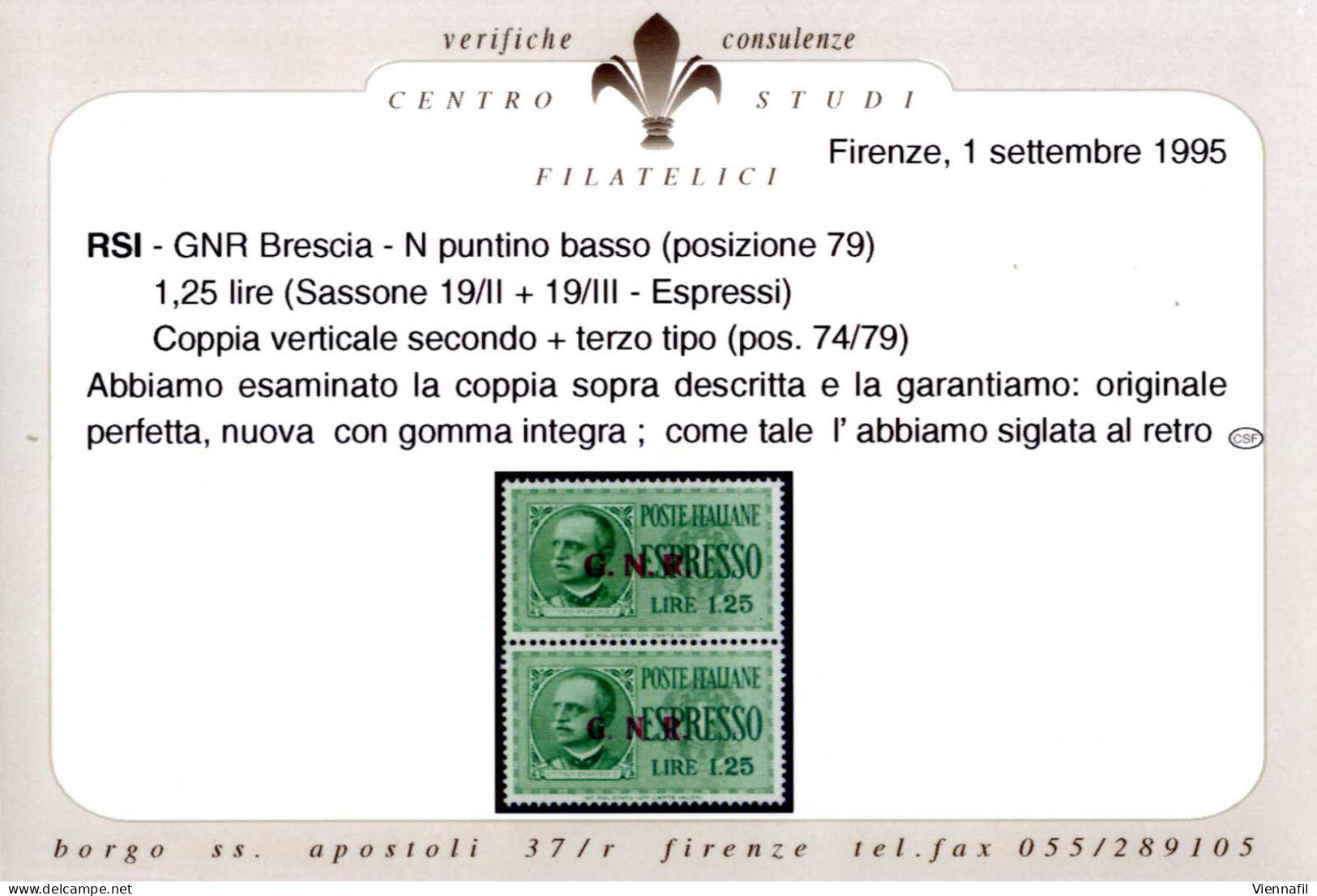 **/* 1943-44, Espresso 1,25 L Verde E 2,50 L. Arancio, Due Coppie Verticali Con La Soprastampa "G.N.R." Di Brescia Del I - Autres & Non Classés