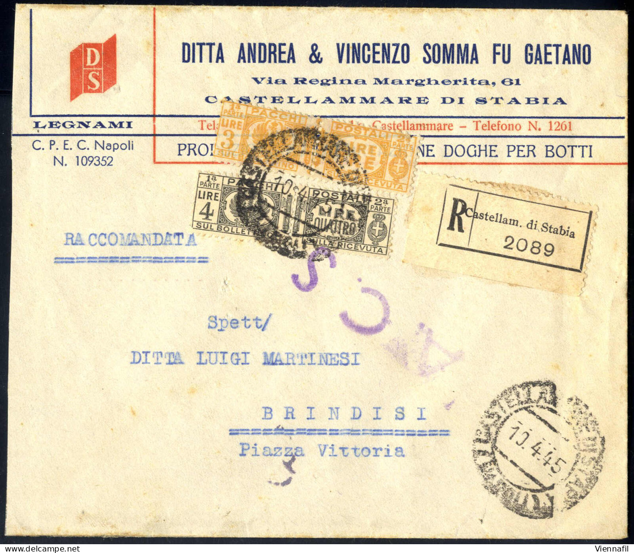 Cover 1945, Raccomandata Del 10.4.1945 Da Castellamare Di Stabia (Napoli) A Brindisi, Con Affrancatura Di Emergenza Pacc - Autres & Non Classés
