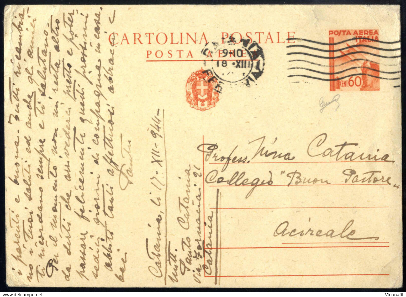 Cover 1944, Cartolina Postale Di Posta Area 60 C. Arancio (tariffa Ridotta Per L'interno) Spedita Il 18.12.1944 Da Catan - Andere & Zonder Classificatie